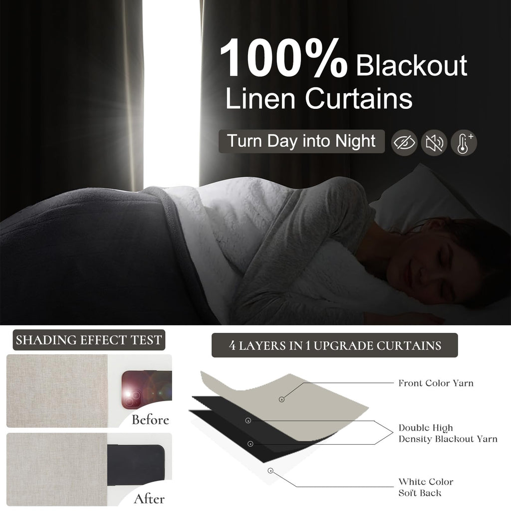 Extra Long Blackout Pinch Pleated Luxury Curtains 144 Inch Long, Rustic Country Natural Linen Thick Office Sound