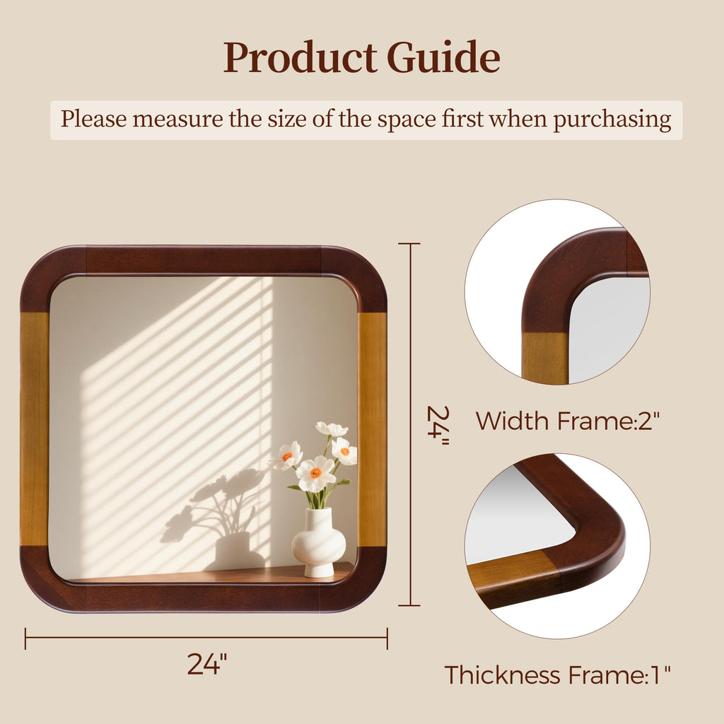 Bathroom Mirror 24 x 24 Inch, Brown Wood Walnut Square Tempered Wall Mirror