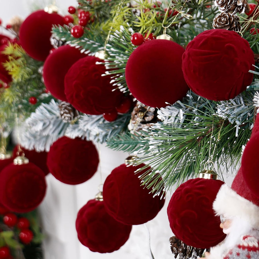 Burgundy Velvet Christmas Ornaments Decorations - Set of 30