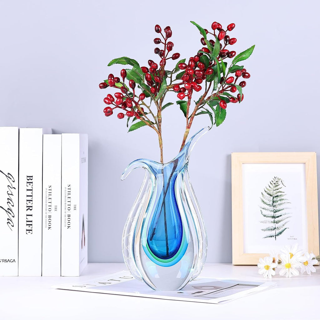 Blown Glass Blue vase, Unique Murano Style Glass Art Deco vase TV Stand, Table Setting, Office, Room and Desktop