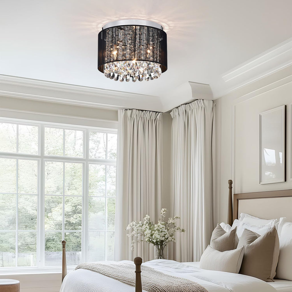 Black Mini Crystal Flush Mount Ceiling Light - 3-Light Drum Chandelier, or Living Room, Small Modern Lighting