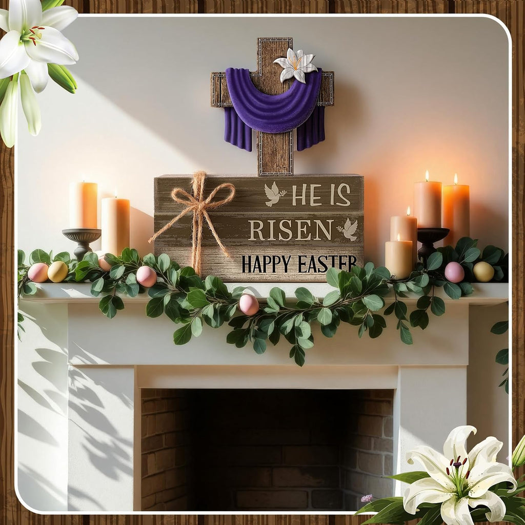 Easter Decorations He is Risen Wooden Sign Christian Table Centerpiece Religious Cross Tiered Tray Decor - Set of 4