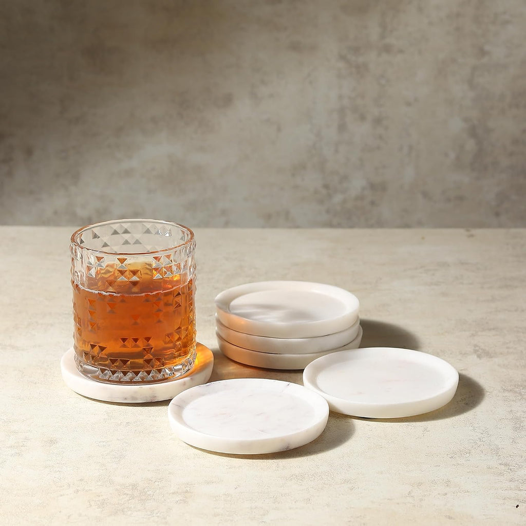 Marble Coasters with Raised Edges | 4 inch Dia | 100% Real Marble Drink Coasters | Modern Home Decor - Set of 6