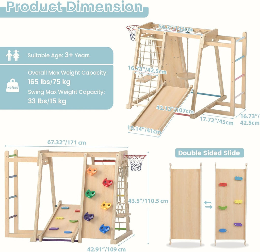 Indoor Jungle Gym, 9 in 1 Wooden Montessori Baby Climbing Toys with Adjustable 2 Swings Ramp, Monkey Bar Basketball