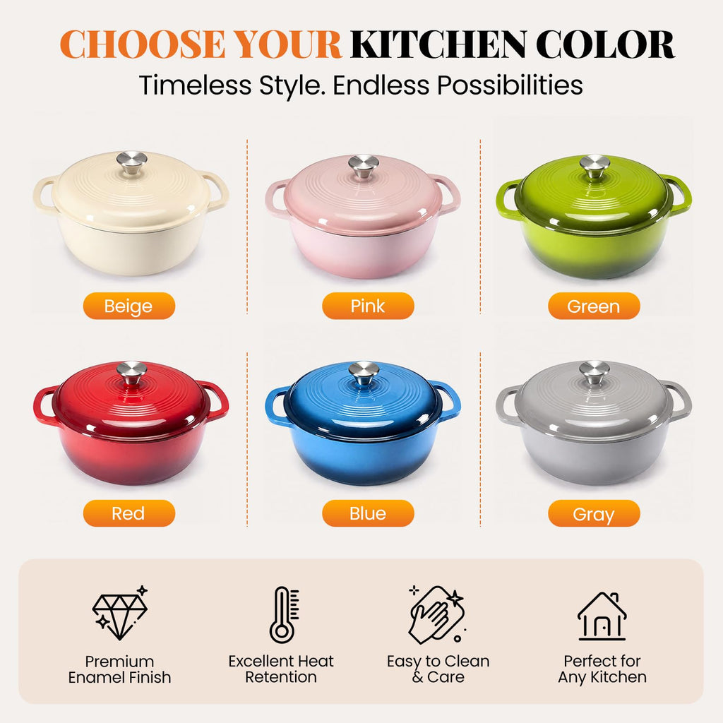 6 Qt Enameled Cast Iron Dutch Oven Pot with Lid, Blue