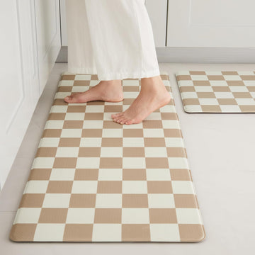 Checkered Kitchen Mats for Floor Set of 2, 2 Pcs Beige Khaki Cushioned Non Slip Runner Rugs /Sink/Laundry, Comfort