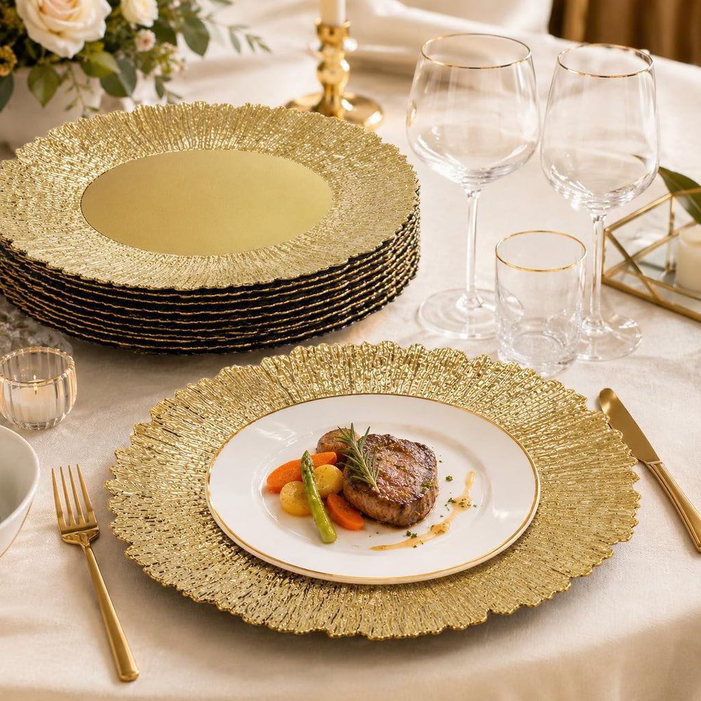 Gold Charger Plates, 13" Plastic Reef Serving Chargers for Dinner Plate Reusable Round Shiny Decorative - Set of 12