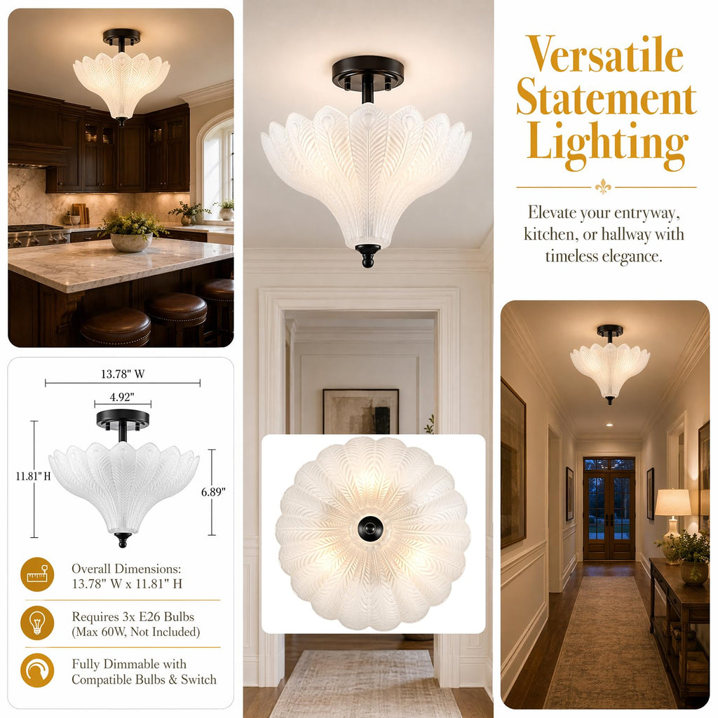 Black Ceiling Light 3-Light Semi-flush Mount Milk Feather Glass Shade