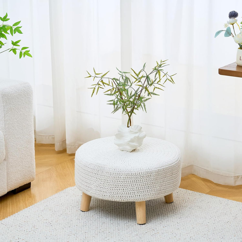 Pouf Ottoman, 100% Cotton Knitted Boho Footstool, Round Footrest with Non-Skid Wood Legs, Home Décor Pouffe, Leisure