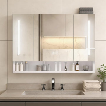 LED Medicine Cabinet with Mirror, 3-Color Dimmable Lighting & Anti-Fog, 2-Tier Hidden Storage + Open Shelf, Aluminum