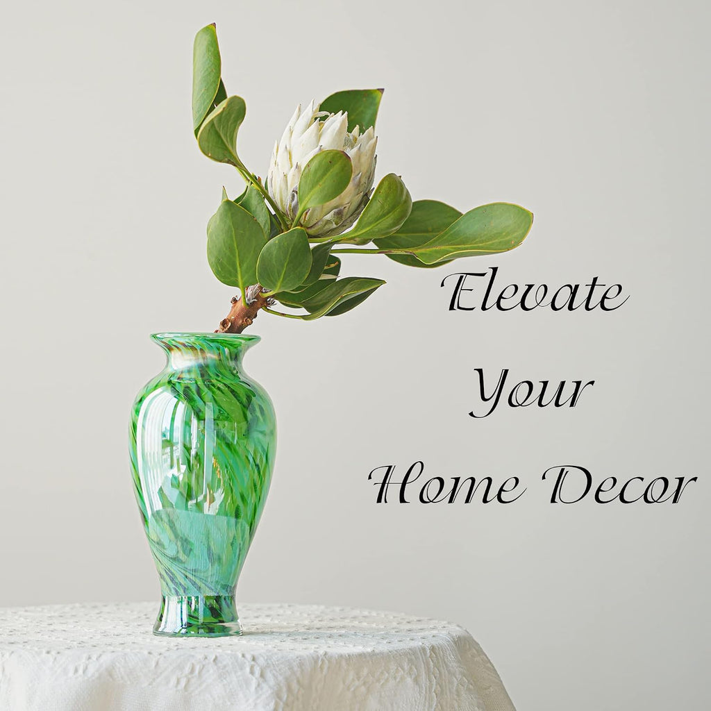 Hand Blown Green Classic Vase Decor, 11.5Inch Glass Flower Vase