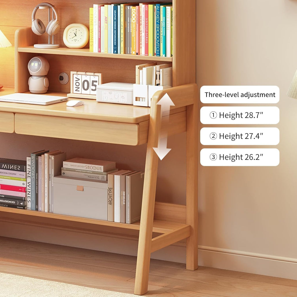Wooden Childrens Study Desk, Kids Desk with Bookshelf&Two Drawers, 3 Heights Adjustable Children Writing Table