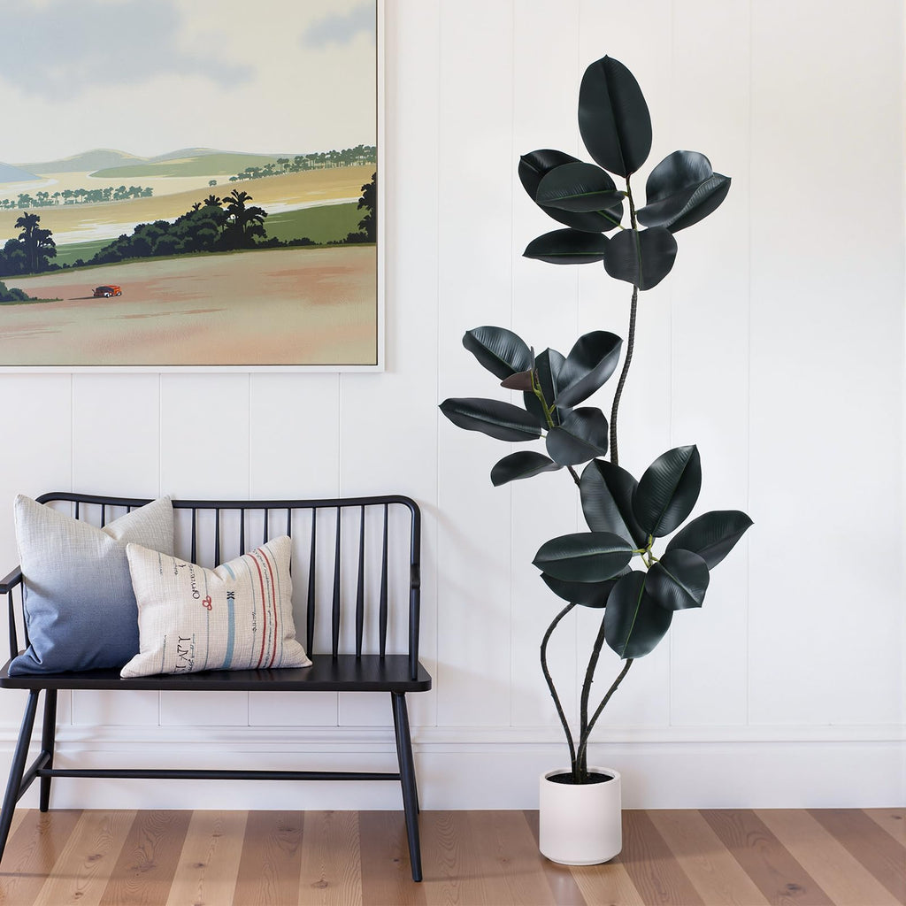 Artificial Rubber Tree Plant -5FT Faux Plants Indoor with Planter, Tall Fake Trees Lifelike Branches & Foliage, Large