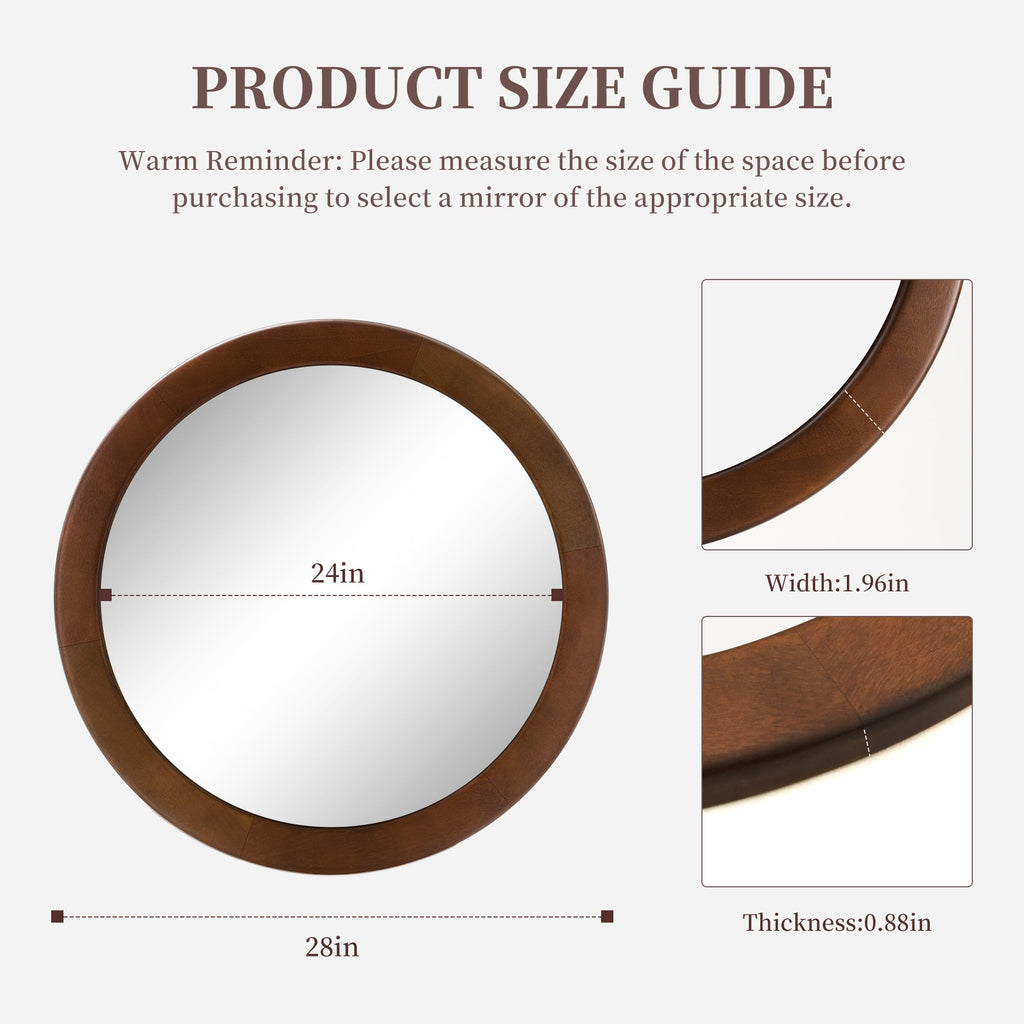 Round Mirrors 28 Inch,Wood Vanity Wall Rustic Mirror With Walnut Frame