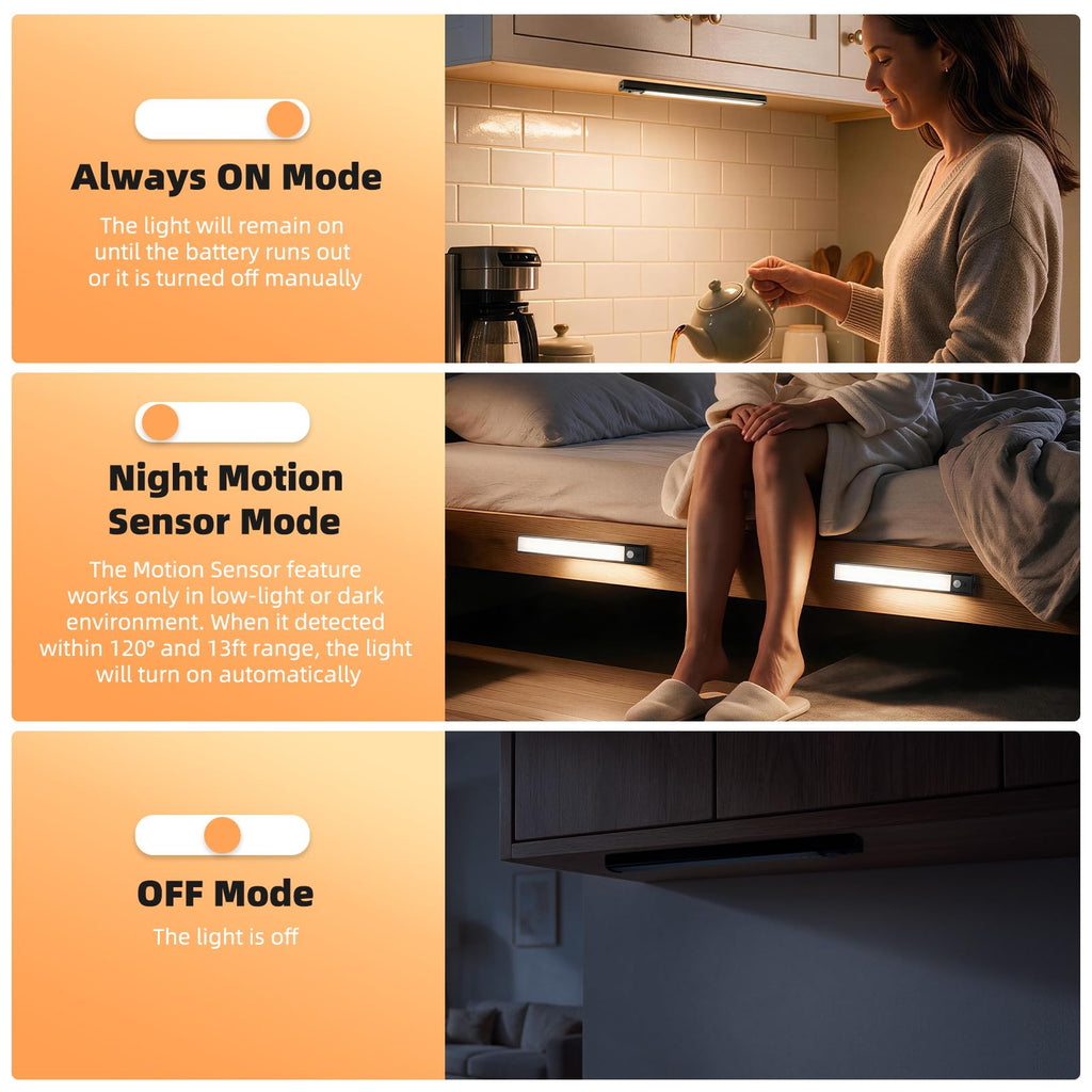 Rechargeable Motion Sensor Light 6 Pack, 3 Color Temps Under Cabinet Lights