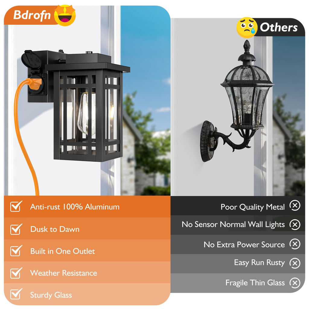 2-Pack Outdoor Porch Lights with Outlet, Dusk to Dawn Motion Modern Outdoor Wall Lights Exterior Lighting Fixtures