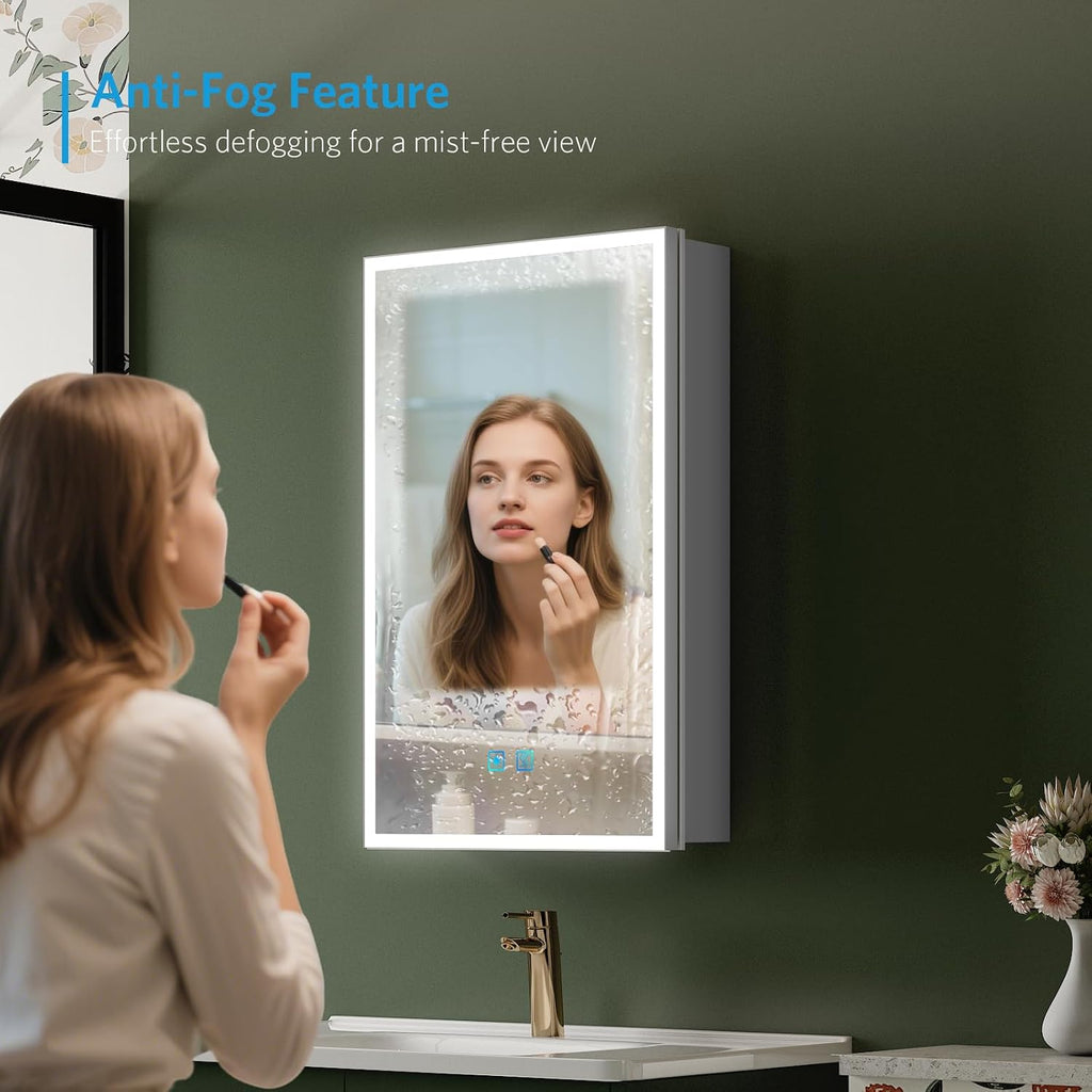 16"x26" LED Medicine Cabinet with Mirror, Recessed or Surface | Silver aluminum lighted mirror cabinet with shaver