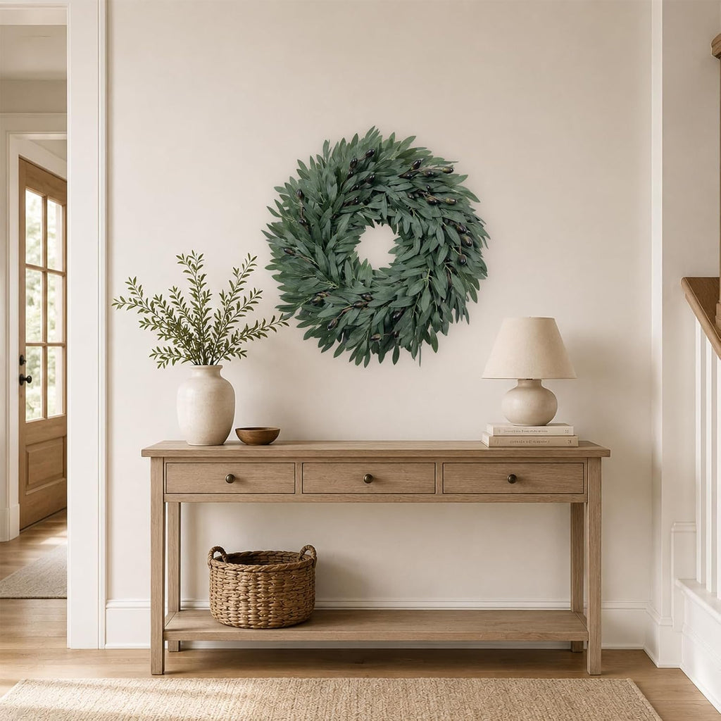 22 Inch Olive Wreath for Front Door, Spring Summer Wreaths for Front Door with Faux Grapevine Base, Artificial