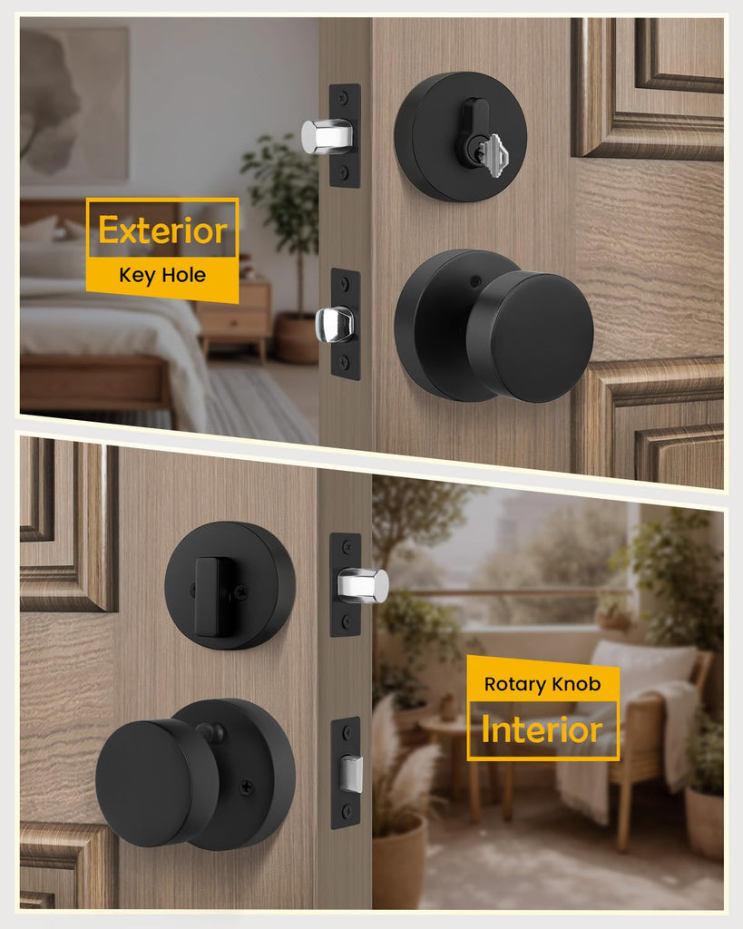 Black Door Knobs with Deadbolt, Zinc Alloy Exterior Front Door Knobs and Single Cylinder Deadbolt, Matte Black Front