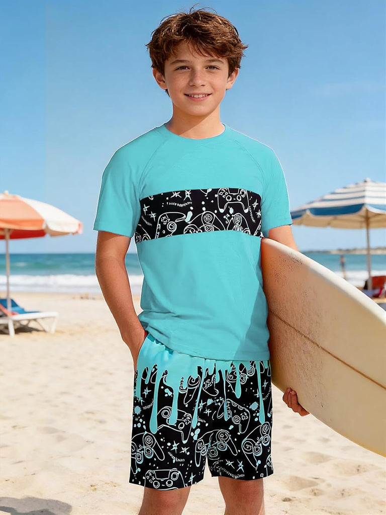 Boys Rash Guard Swimsuit Bathing Swim Trunk with Shirt 2 Piece Sets