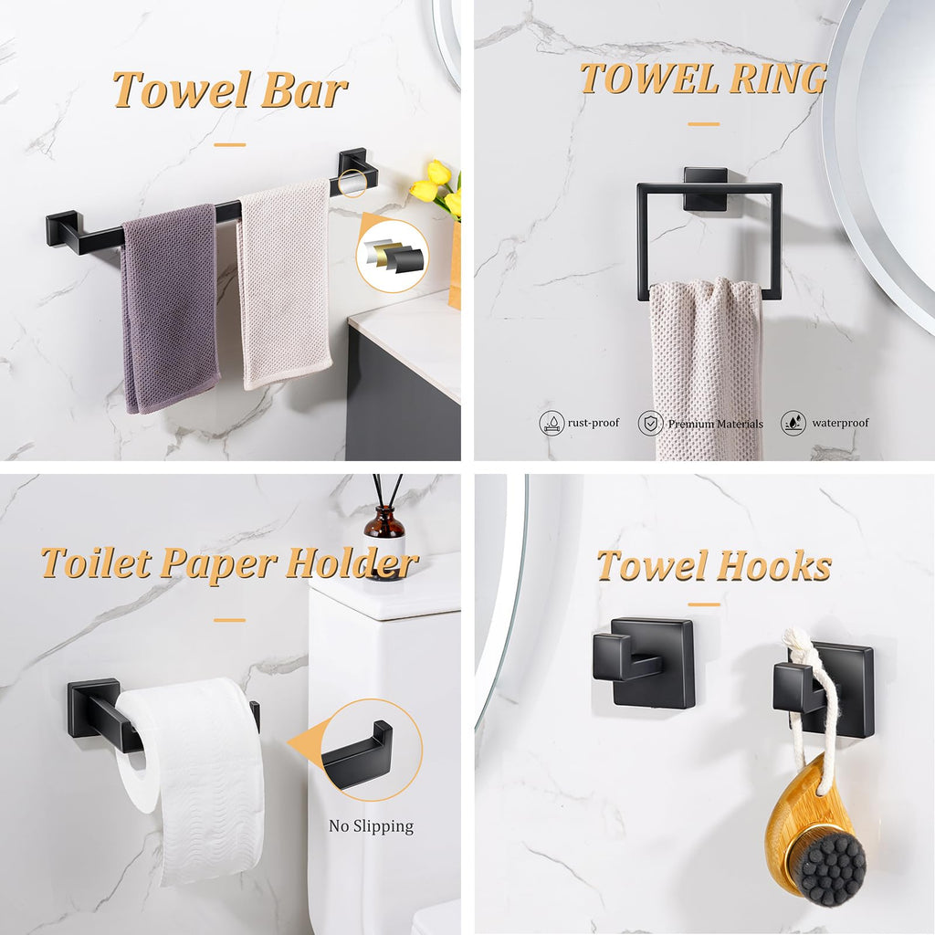 Bathroom Hardware Accessories Set 10 Pieces Matte Black Towel Bar Set 24 Inch, Towel Rack Rings Stainless Steel Bath