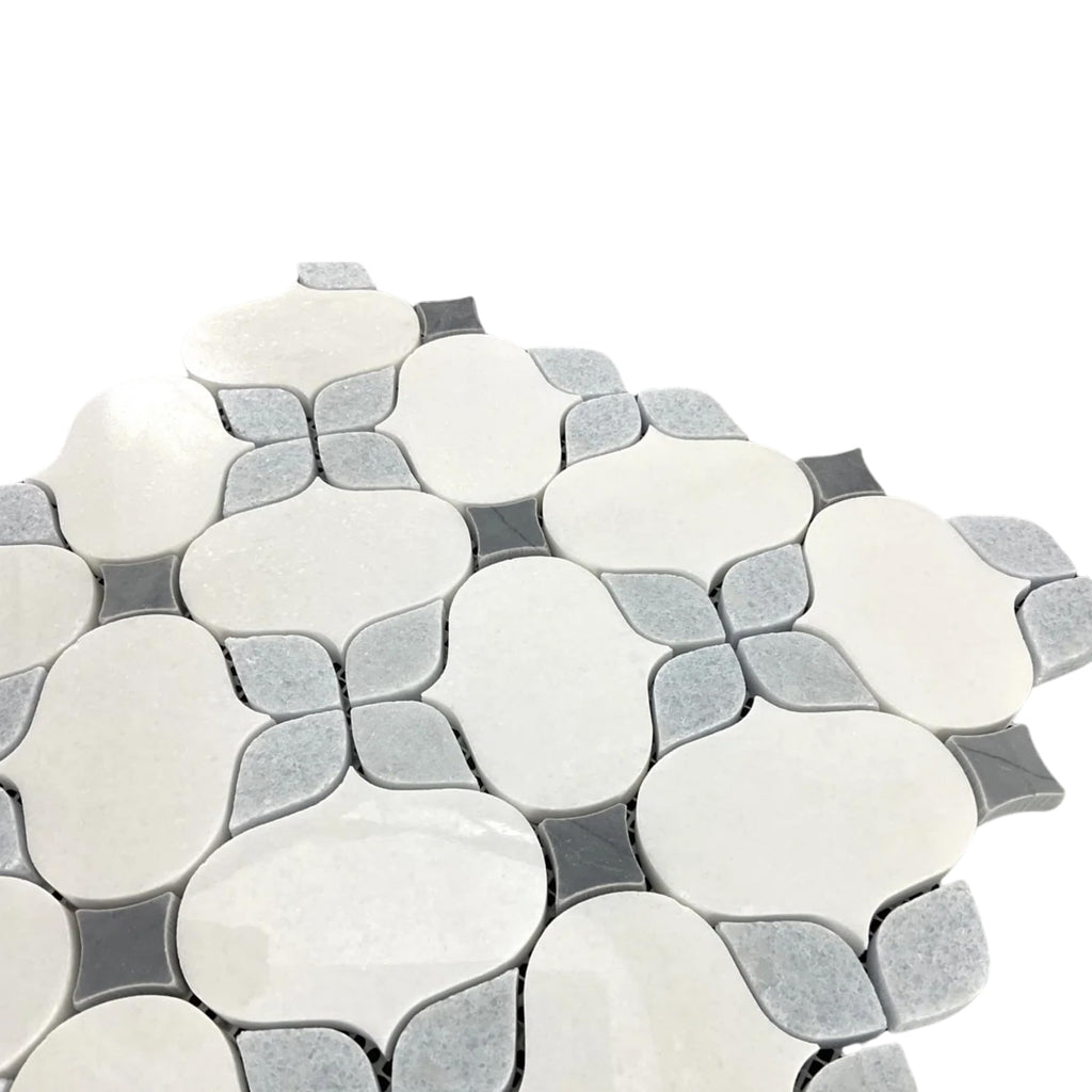 White Marble Arabesque Mosaic Tile with Blue Decorative Inlay 12x12 - Polished Natural Stone Wall & Floor Tile