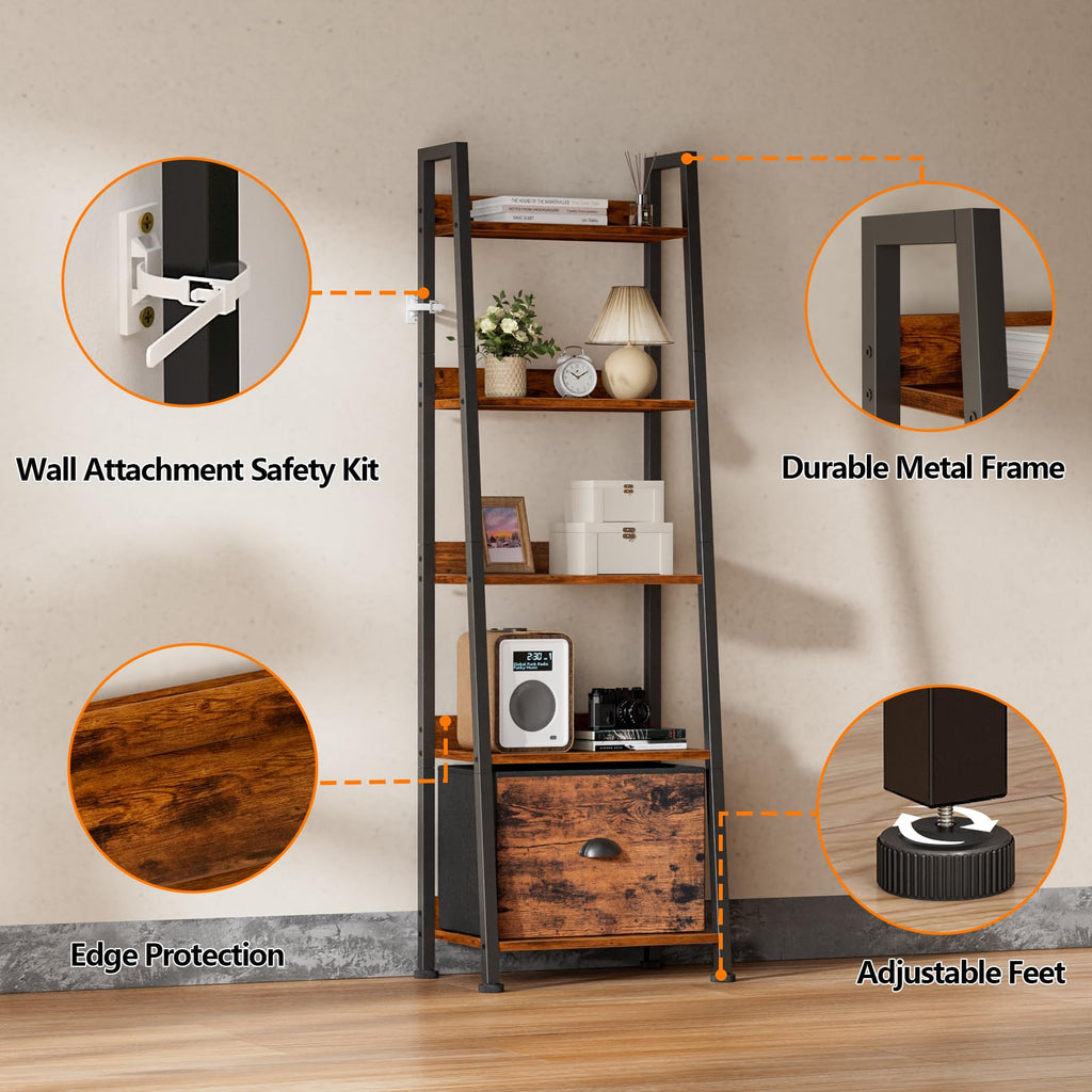 Ladder Shelf, 5 Tier Bookshelf with Fabric Drawer, Rustic Brown