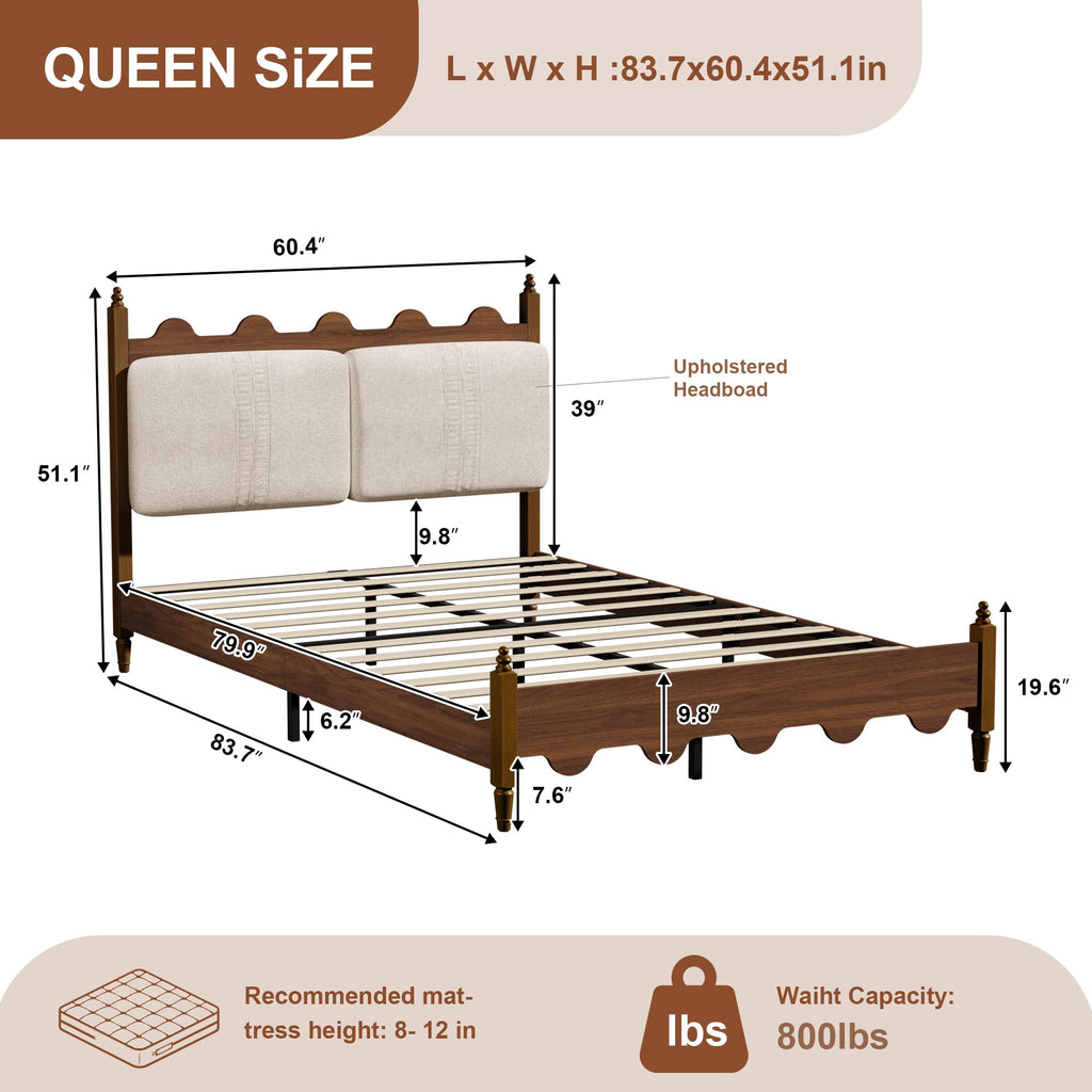 Vintage Platform Bed, Queen Bed Frame with Wave Upholstered Headboard