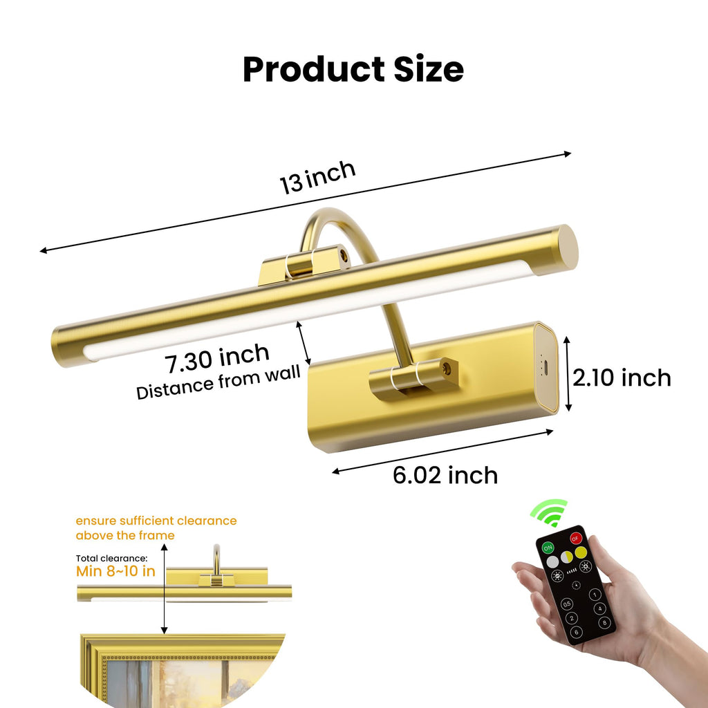 Picture Light for Wall Battery Powered, 13'' Cordless Frame Painting Light with 6000mAh Rechargeable Battery
