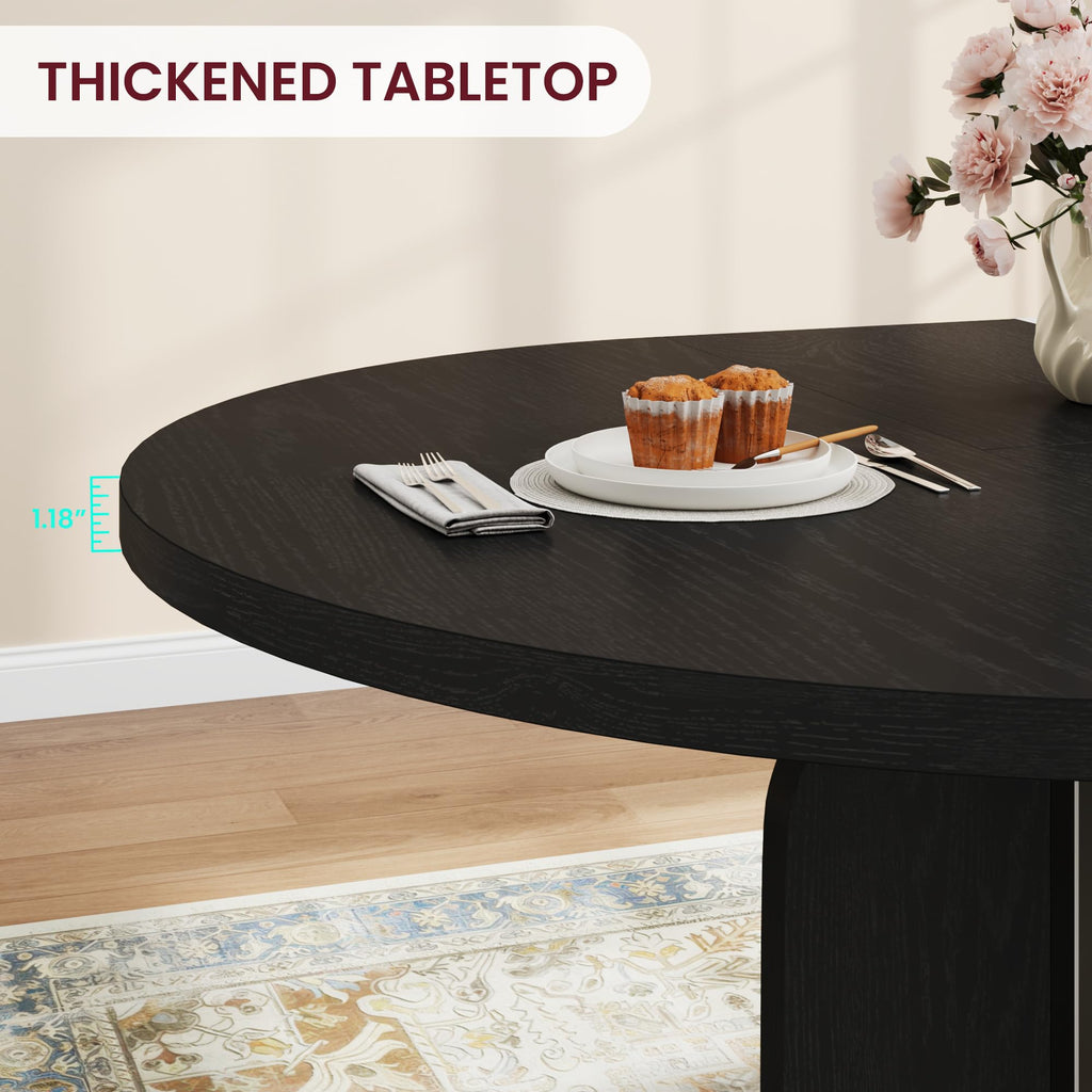 47"-63" Extendable Round Dining RoomTable for 4-8, Farmhouse Wood Expandable Kitchen Table w/Wider Leg, Sturdy Metal
