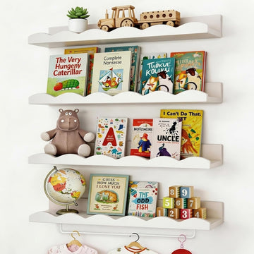 Nursery Shelves, 16.5 Inch Floating Bookshelves for Wall Set of 4, Scalloped Wall Book Shelves with Towel Rack