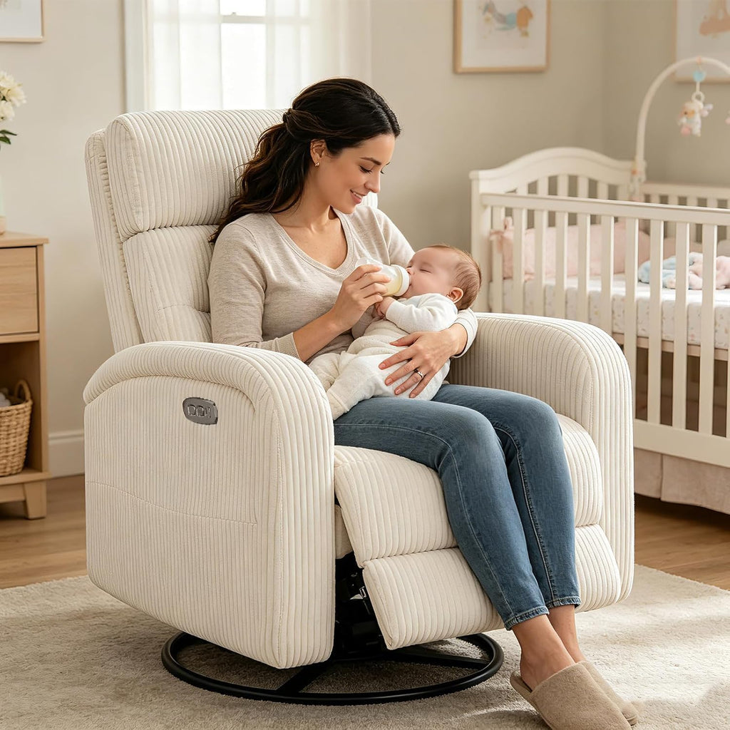 Power Swivel Rocker Recliner Chair,Nursery Glider Recliner,Cream White | 270° Swivel Rocker with Type-C & USB Port