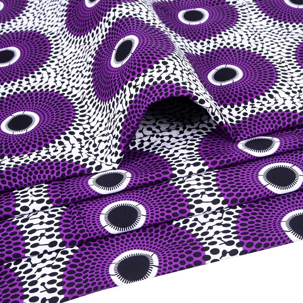 African Fabric 100% Cotton Purple White African Ankara Print Fabric 6 Yards One Piece 1542