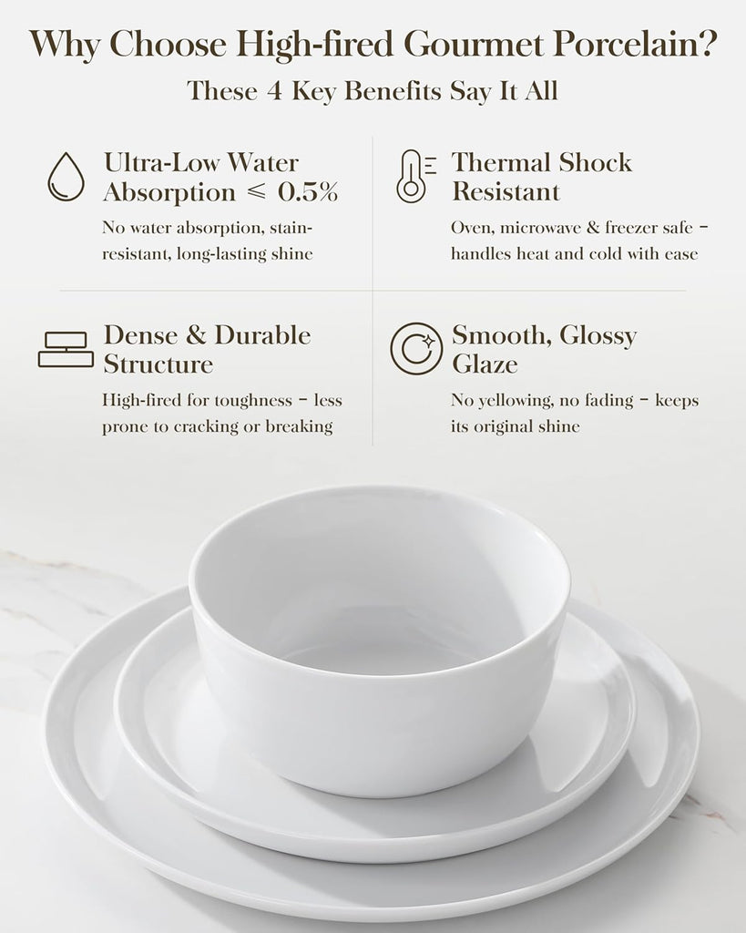 24 Pieces Gourmet Porcelain Dinnerware Sets, Premium Plates and Bowls Set, High-Fired Ceramic Dishes Set for 8