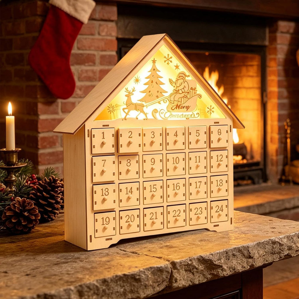 Wooden Advent House - Lighted Holiday Countdown, Christmas Drawer Box