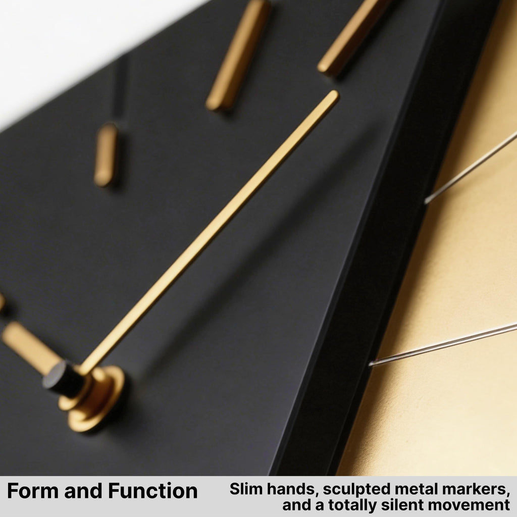 Black and Gold Mid Century Modern Wall Clock, Battery Operated