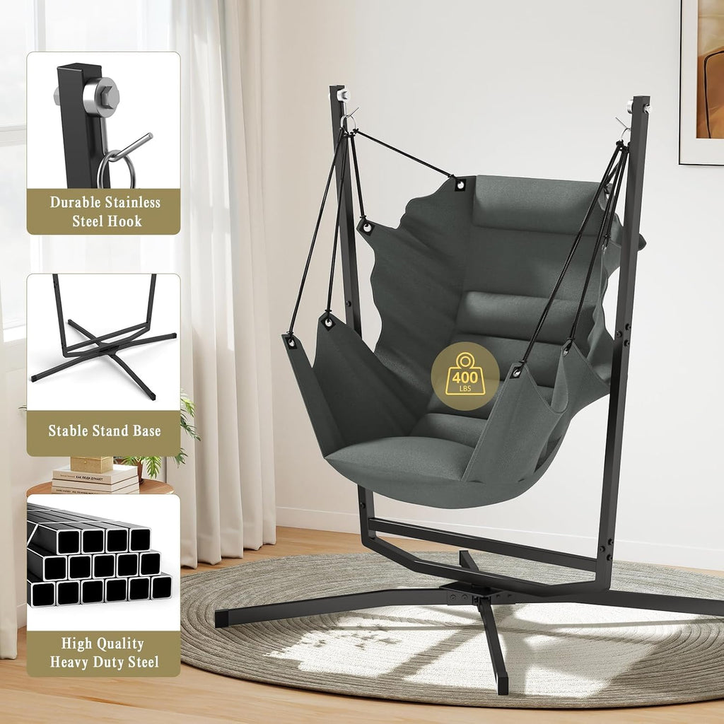 360° Swivel Outdoor/Indoor Swing Chair with Stand&Cushion.(400lbs)(Grey) | Perfect for People Enjoying Leisure Time