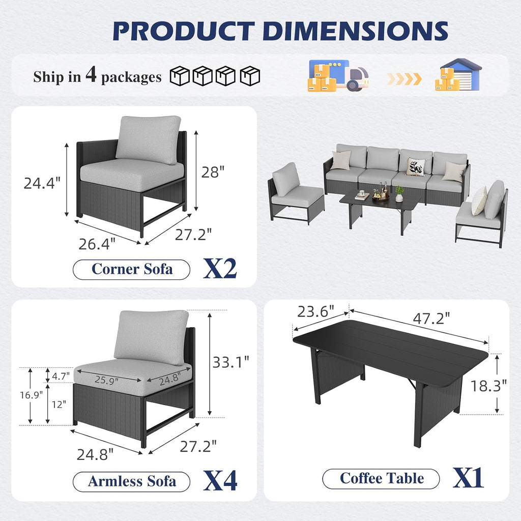 7 Pieces Patio Furniture Set, Modern Sectional Sofa, All Weather Outdoor Conversation Set with Cushions & Table, Gray