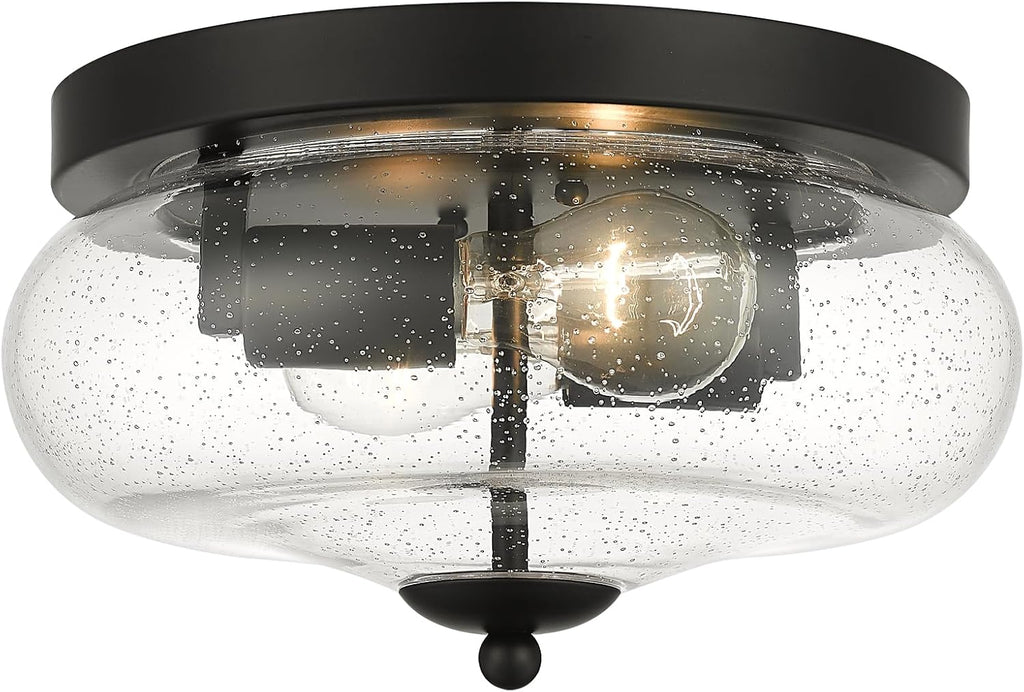 Black Ceiling Light Fixtures, Indoor Outdoor Flush Mount Ceiling Light with Seeded Glass Shade for Farmhouse Hallway