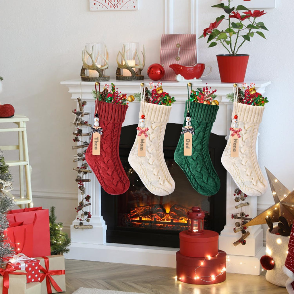 S, Personalized Stocking Set with DIY Snowman Tags, Stockings Christmas 4 Pack , 18" Large Cable Knit Xmas - Set of 4