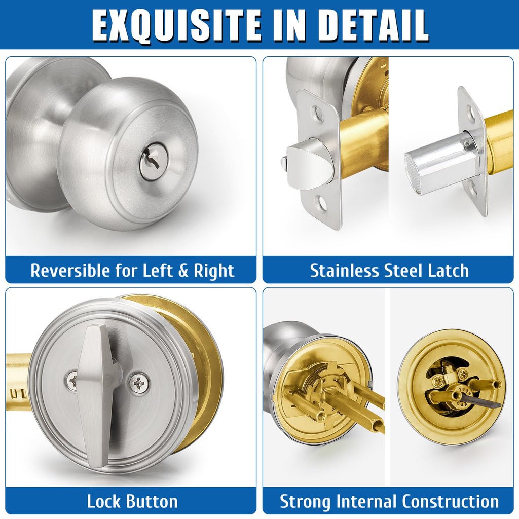 2 Sets Entry Door Knob and Single Cylinder Deadbolt Combo Set, Keyed Alike
