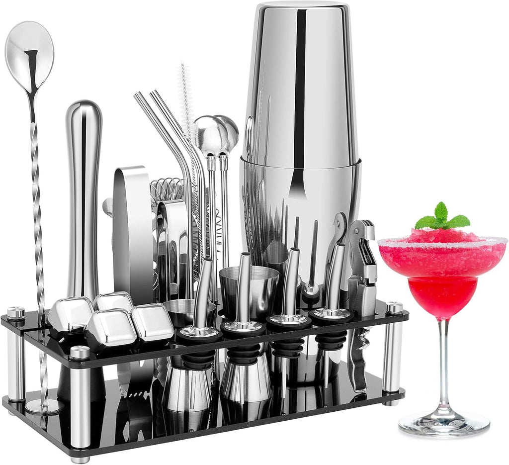 Cocktail Shaker Set Bartender Kit, Stainless Steel Boston Bar Tools Drink Mixer Set with Stand & Recipe Booklet
