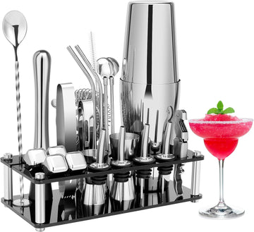 Cocktail Shaker Set Bartender Kit, Stainless Steel Boston Bar Tools Drink Mixer Set with Stand & Recipe Booklet
