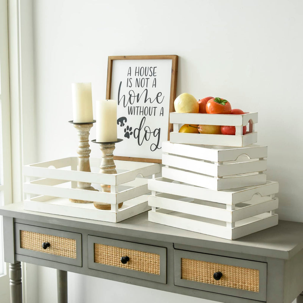 Set of 4 Large Wooden Crates Decorative, Whitewashed Nesting Wooden Crates for Display Rustic, Farmhouse Wooden