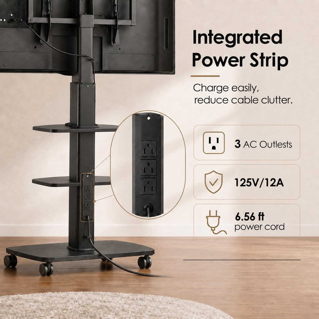 Rolling TV Stand with Power Outlets, for 32-75 InchTVs, Black