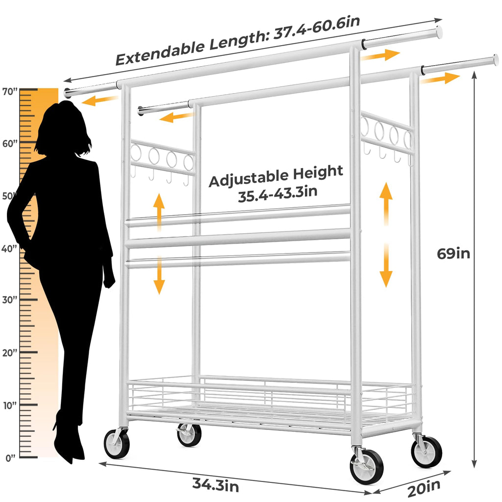 Heavy Duty Clothes Rack Load 960LBS, Three Rods Rolling Clothing Racks for Hanging Clothes, Rolling Garment Rack With