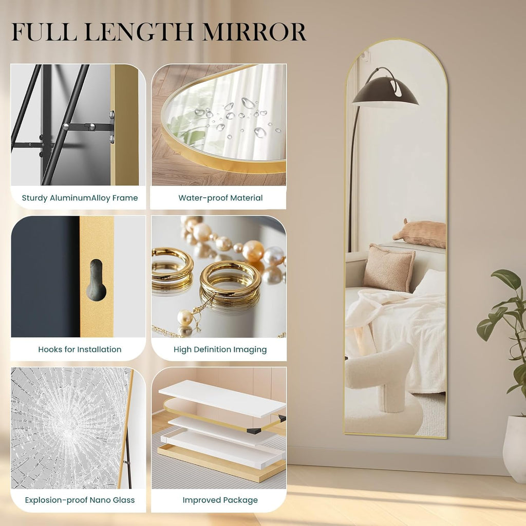 59"x16" Arched Full Length Mirror, Full Body Floor Mirror, Gold, Aluminum Alloy Thin Frame, Wall or