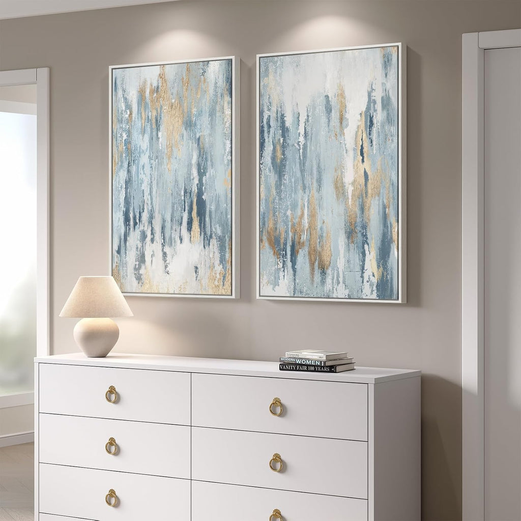 Large White Framed Blue and Gold Abstract Canvas Wall Art, 2 Piece Modern Minimalist Prints Paintings Artwork