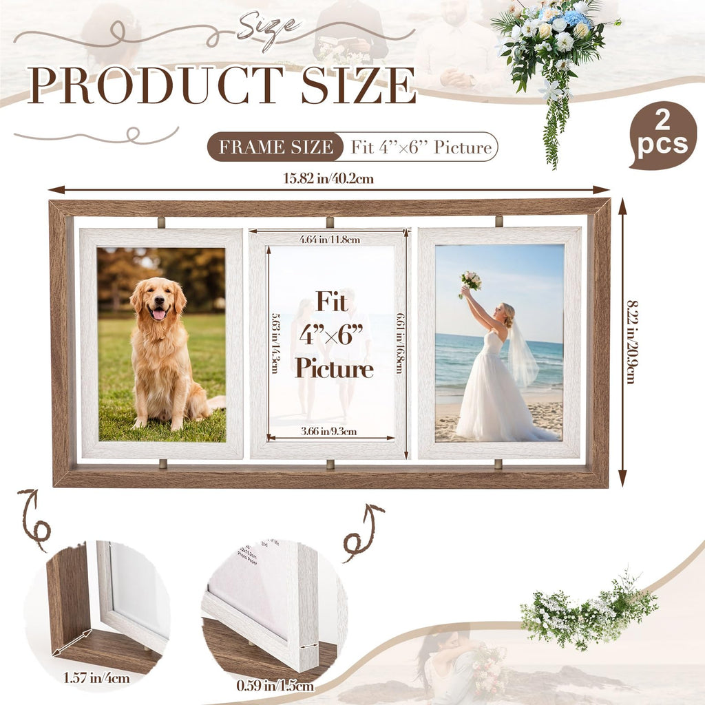 2 Pack 4x6 Rotating Picture Frame, Double-sided Display 6 Photos Rustic Wood Hinged Folding Triple Collage Photo