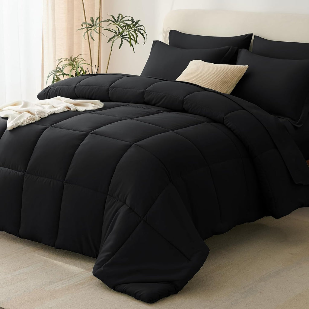 Queen Comforter Set Black - 7 Pieces Bed in a Bag Queen, All Season Soft Bedding Set
